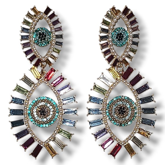 Boho Imports Jewelry - Sugarfix Eye Dangle Earrings Colorful Rhinestone Statement Gold Tone‎ Boho